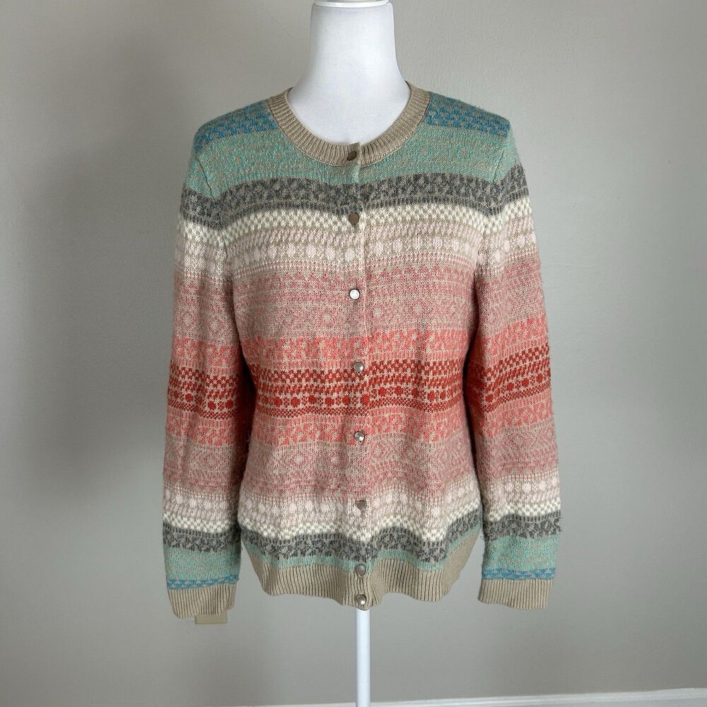 Talbots L Petite Sweater Cardigan Fair Isle Wool Nordic Knit Wool Blend Button
